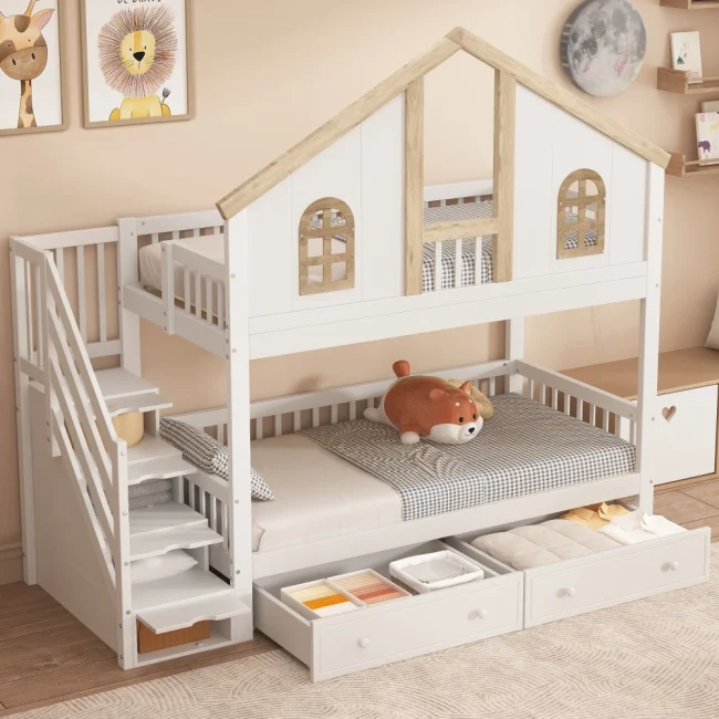 StayPlay Runaway Kinderstapelbed 90x200cm met opbergruimte, veilige trap en huisvormig raamdesign