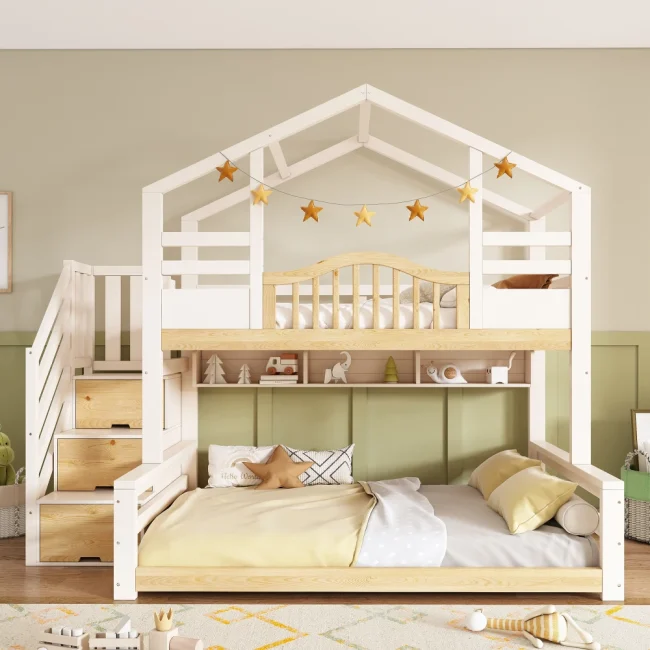 StayPlay Runaway Stapelbed – Hout Wit met veilige trap, boven
