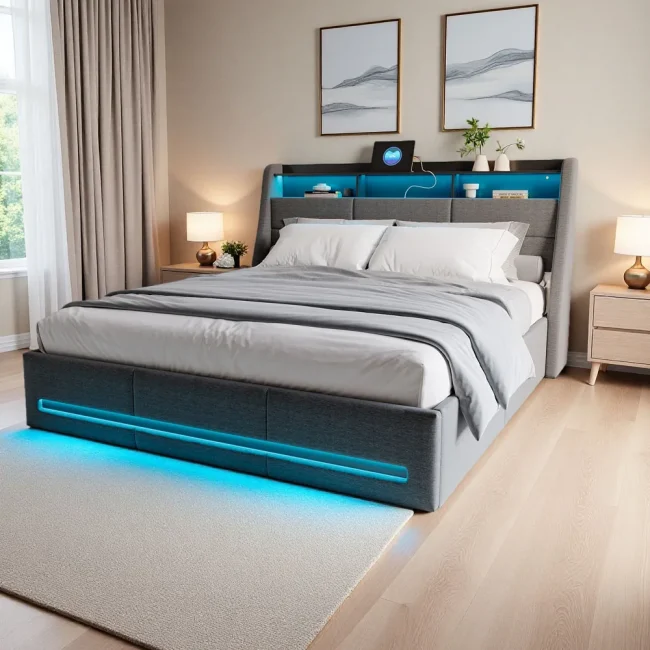 StayPlay Runaway Tweepersoonsbed – Grijs met USB-oplaadpoort, hydraulisch opbergsysteem en opbergruimte