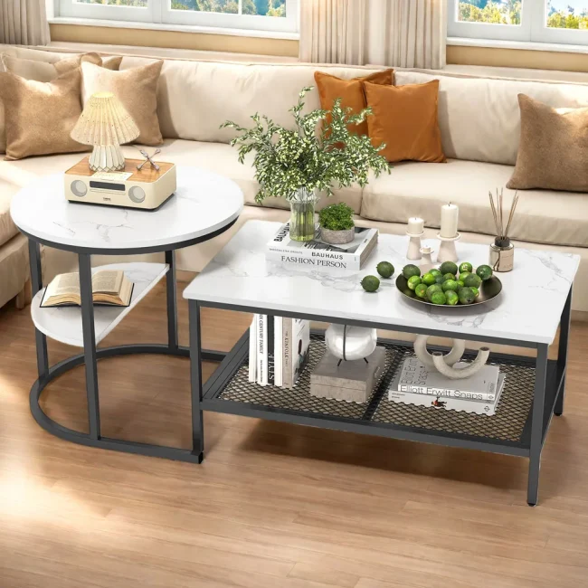 StayPlay Runaway Ronde Salontafel – Marmerlook Wit met opbergruimte