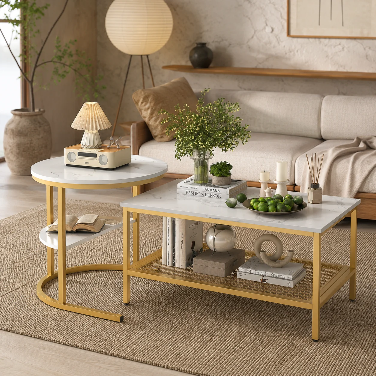 StayPlay Runaway Salontafel – Marmerlook Wit met set van 2 – Serie 1