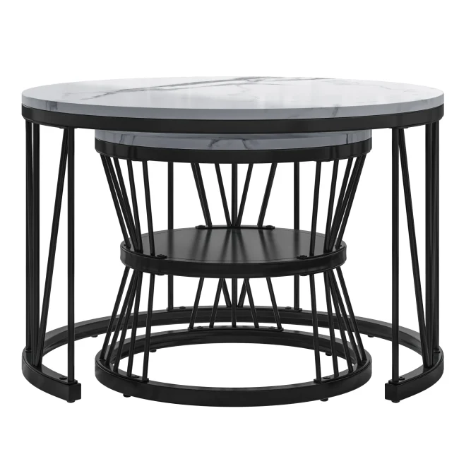 StayPlay Runaway Ronde Salontafel – Marmerlook Wit met opbergruimte en set van 2
