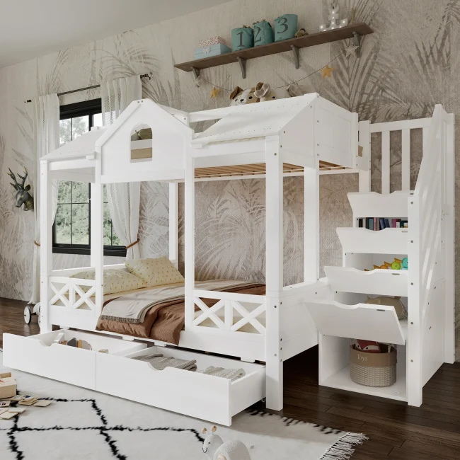 StayPlay Runaway Kinderbed 90x200cm – Massief Hout Wit met opbergruimte en veilige trap