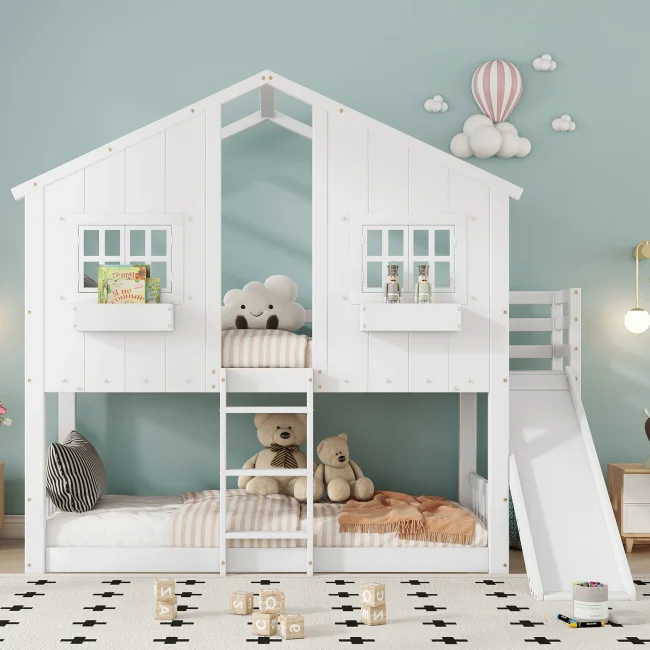 StayPlay Runaway Stapelbed 90x200cm – Grenen Wit met glijbaan, veilige trap en veiligheidsrand – Serie 1