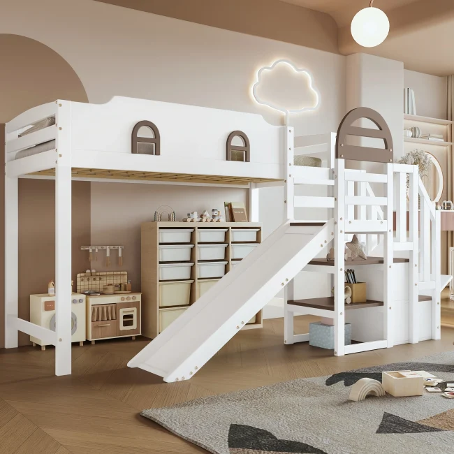 StayPlay Runaway Kinderbed 90x200cm – Grenen Wit met opbergruimte, veilige trap en huisvormig raamdesign