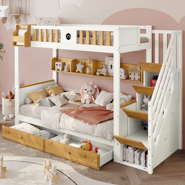 StayPlay Runaway Tweepersoonsbed 90x200cm – Massief Hout Wit met opbergruimte