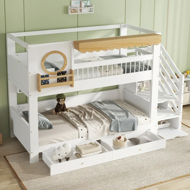 StayPlay Runaway Kinderbed 90x200cm – Grenen Wit met opbergruimte en veilige trap