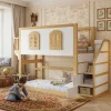 StayPlay Runaway Hoogbed 90x200cm – Massief Hout Wit met veilige trap en huisvormig raamdesign