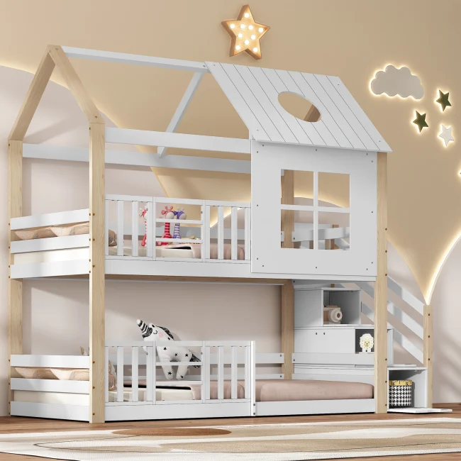 StayPlay Runaway Stapelbed 90x200cm – Grenen Wit met veilige trap, veiligheidsrand en huisvormig raamdesign