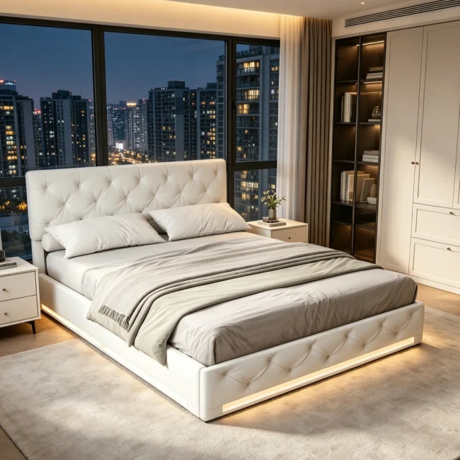 StayPlay Runaway Tweepersoonsbed 140x200cm met LED-verlichting, hydraulisch opbergsysteem en opbergruimte
