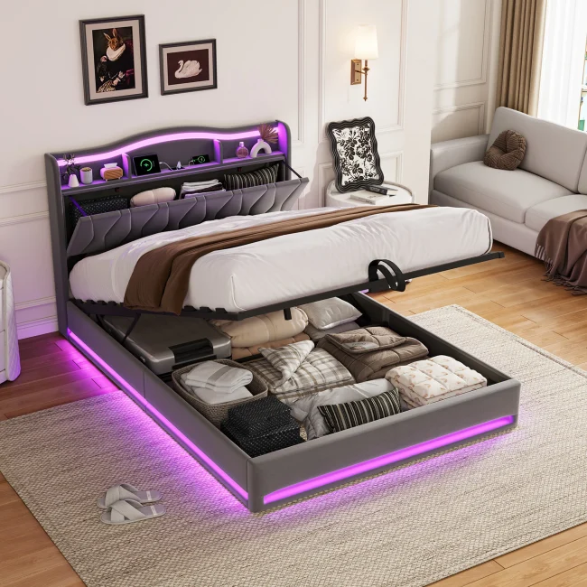 StayPlay Runaway Tweepersoonsbed 140/160x200cm – Fluweel Grijs met hydraulisch opbergsysteem, opbergruimte en lattenbodem