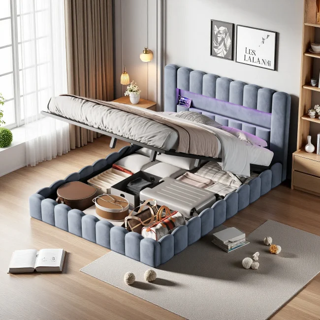 StayPlay Runaway Tweepersoonsbed 180x200cm – Fluweel met USB-oplaadpoort, hydraulisch opbergsysteem en opbergruimte