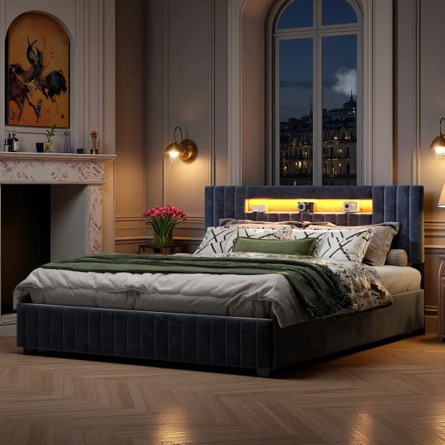 StayPlay Runaway Tweepersoonsbed 140/160x200cm – Fluweel Grijs met LED-verlichting, hydraulisch opbergsysteem en opbergruimte
