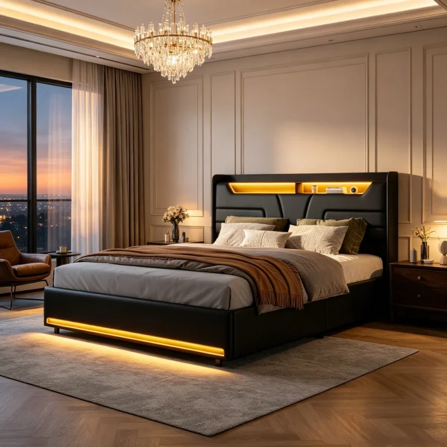 StayPlay Runaway Tweepersoonsbed 140/160x200cm – Zwart met LED-verlichting, hydraulisch opbergsysteem en opbergruimte