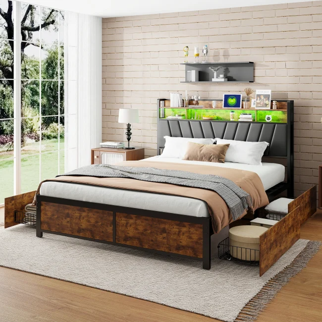 StayPlay Runaway Tweepersoonsbed 160/180x200cm – Metalen met LED-verlichting, opbergruimte en lattenbodem