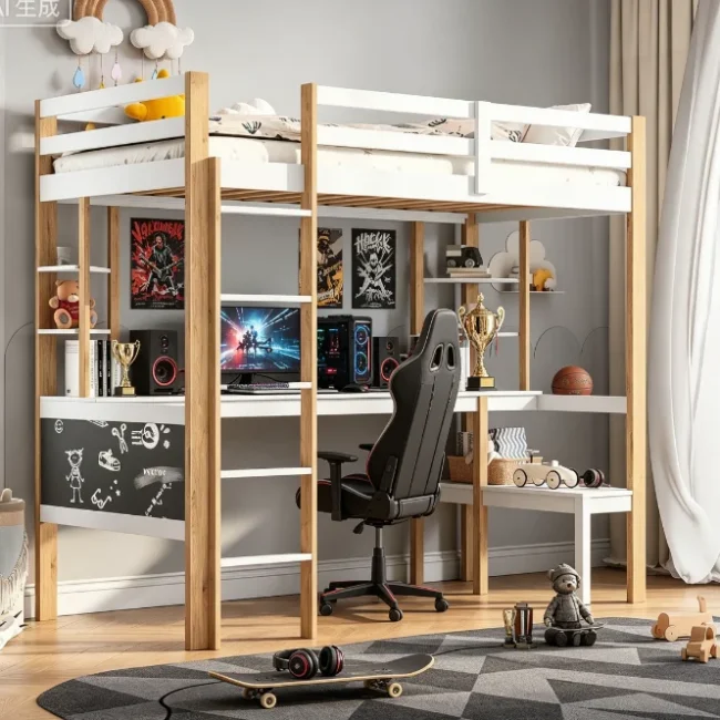 StayPlay Runaway Stapelbed 90x200cm – Wit met opbergruimte en ingebouwd bureau