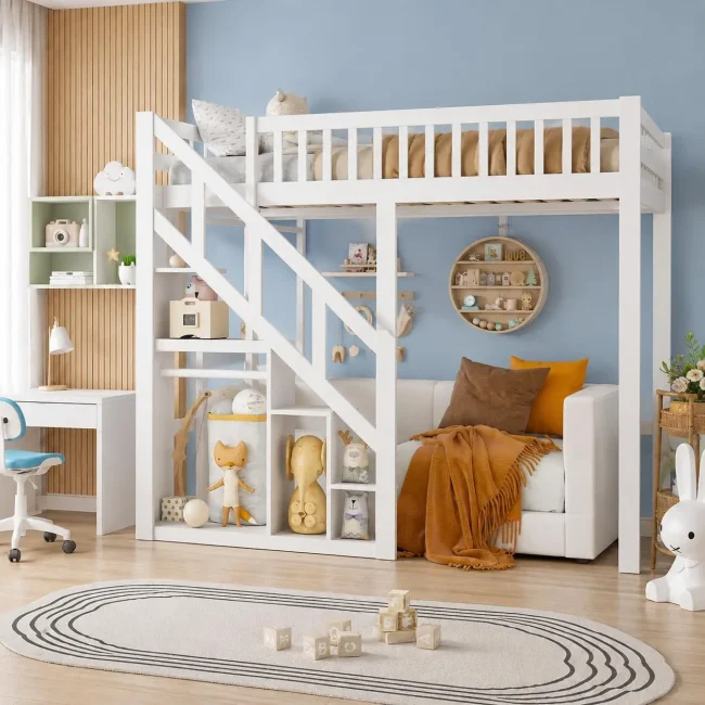 StayPlay Runaway Kinderstapelbed 90x200cm – Wit met opbergruimte, veilige trap en veiligheidsrand