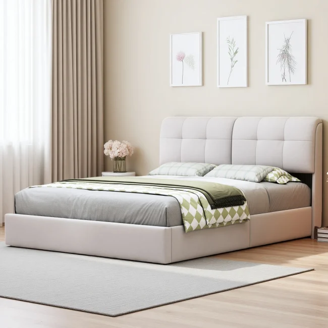 StayPlay Runaway Tweepersoonsbed 140/160x200cm – Crèmewit met LED-verlichting, hydraulisch opbergsysteem en vierkant hoofdeinde