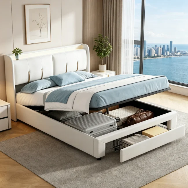 StayPlay Runaway Tweepersoonsbed 140/160x200cm – Beige met LED-verlichting, USB-oplaadpoort en hydraulisch opbergsysteem, opbergbed