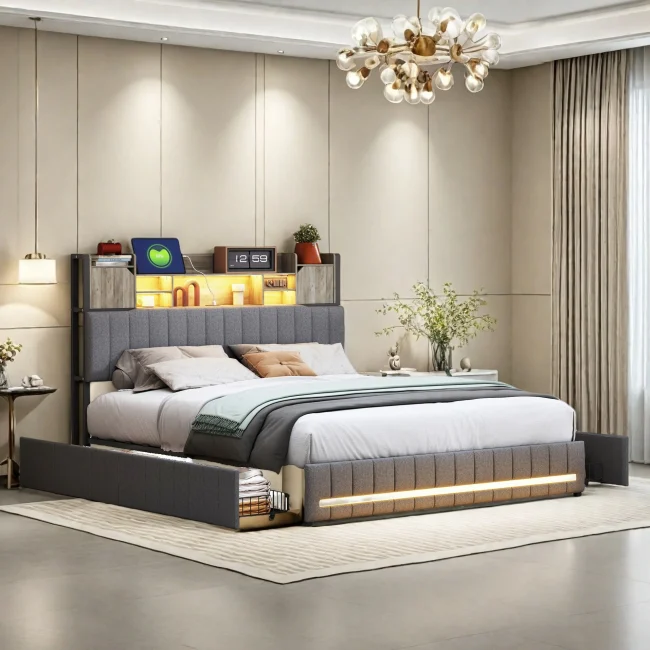 StayPlay Runaway Tweepersoonsbed 140/160x200cm – Grijs met LED-verlichting, USB-oplaadpoort en opbergruimte