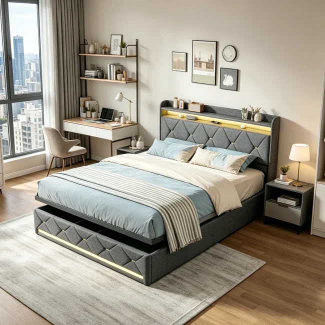 StayPlay Runaway Tweepersoonsbed met LED-verlichting, USB-oplaadpoort en hydraulisch opbergsysteem