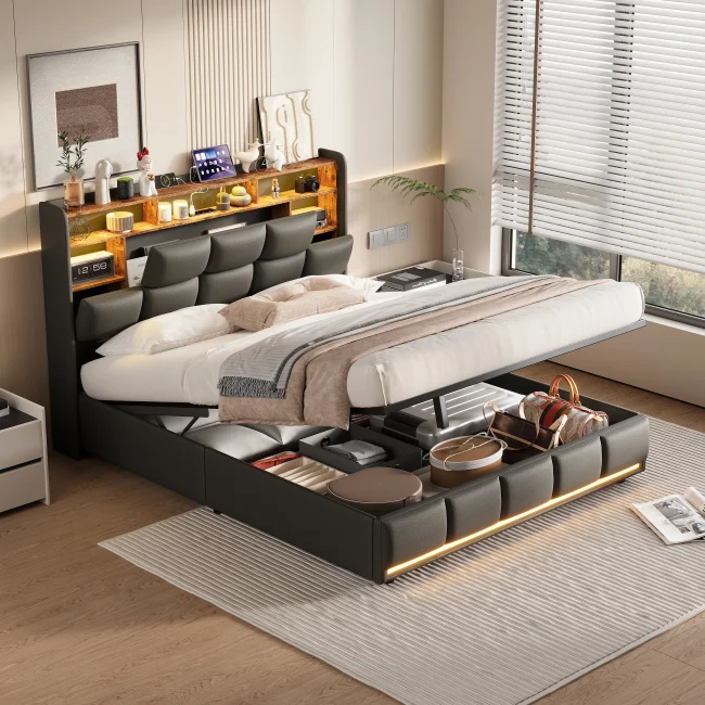 StayPlay Runaway Tweepersoonsbed 140x200cm met LED-verlichting, hydraulisch opbergsysteem en opbergruimte