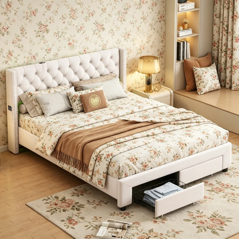 StayPlay Runaway Eenpersoonsbed 140x190cm – Fluweel Beige met LED-verlichting, USB-oplaadpoort en lattenbodem