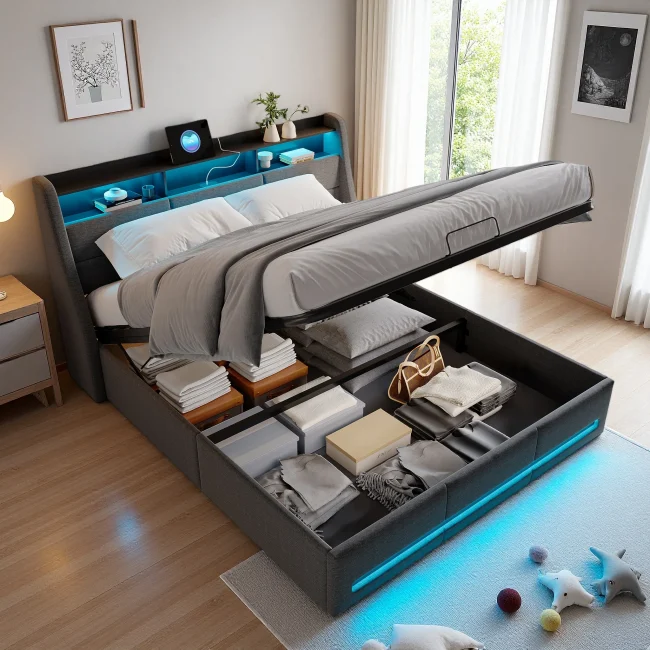 StayPlay Runaway Tweepersoonsbed 140x190cm – Linnen Grijs met USB-oplaadpoort, hydraulisch opbergsysteem en lattenbodem