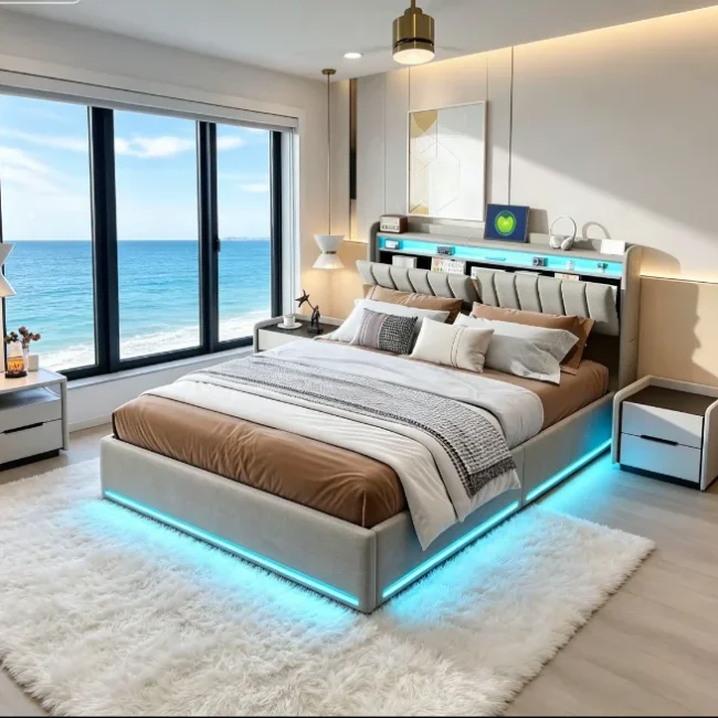StayPlay Runaway Tweepersoonsbed 160x200cm met LED-verlichting, USB-oplaadpoort en opbergruimte – Serie 2