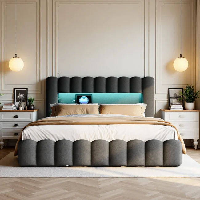 StayPlay Runaway Tweepersoonsbed 160/180x200cm – Linnen Donkergrijs met hydraulisch opbergsysteem en opbergruimte