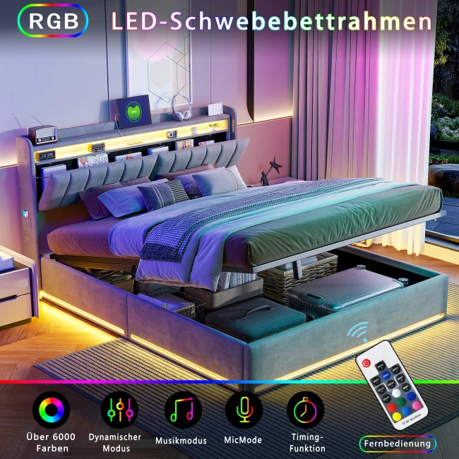 StayPlay Runaway Eenpersoonsbed 90x200cm – Fluweel met LED-verlichting, USB-oplaadpoort en hydraulisch opbergsysteem