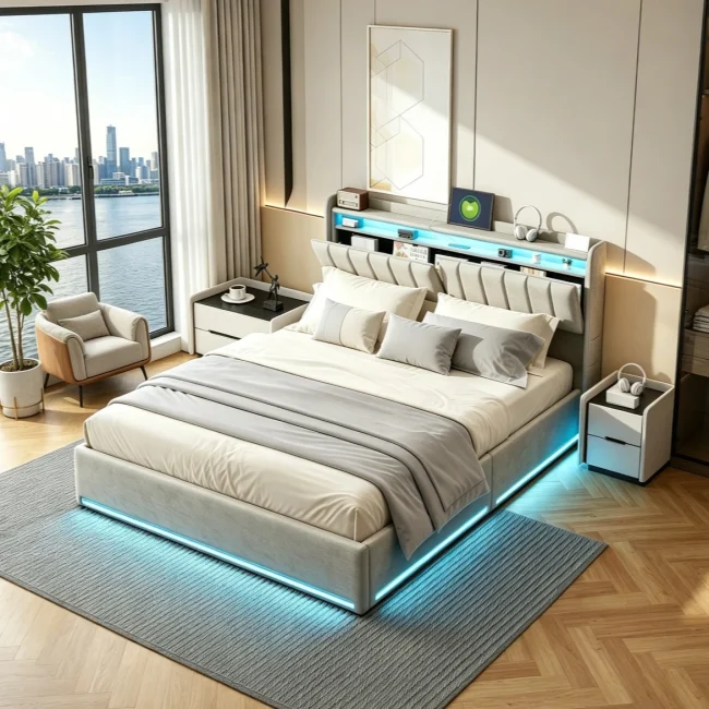 StayPlay Runaway Eenpersoonsbed 140/160x200cm – Fluweel met LED-verlichting, USB-oplaadpoort en hydraulisch opbergsysteem
