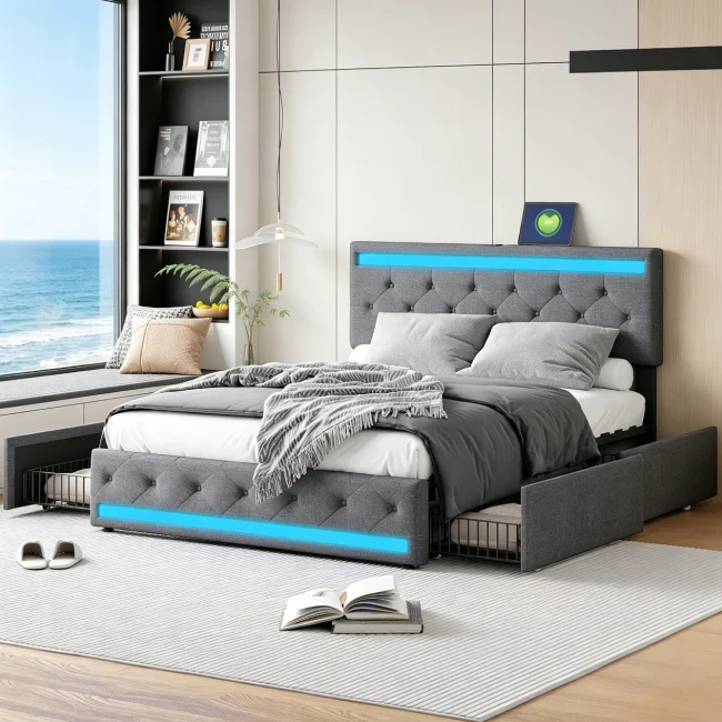 StayPlay Runaway Tweepersoonsbed 160/180x200cm – Linnen met LED-verlichting, USB-oplaadpoort en lattenbodem