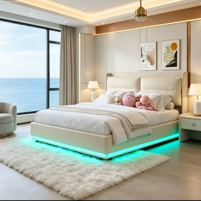 StayPlay Runaway Tweepersoonsbed 140x200cm – Beige met LED-verlichting, USB-oplaadpoort en opbergruimte