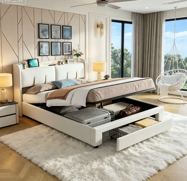 StayPlay Runaway Tweepersoonsbed 160x200cm – Beige met LED-verlichting, USB-oplaadpoort en hydraulisch opbergsysteem