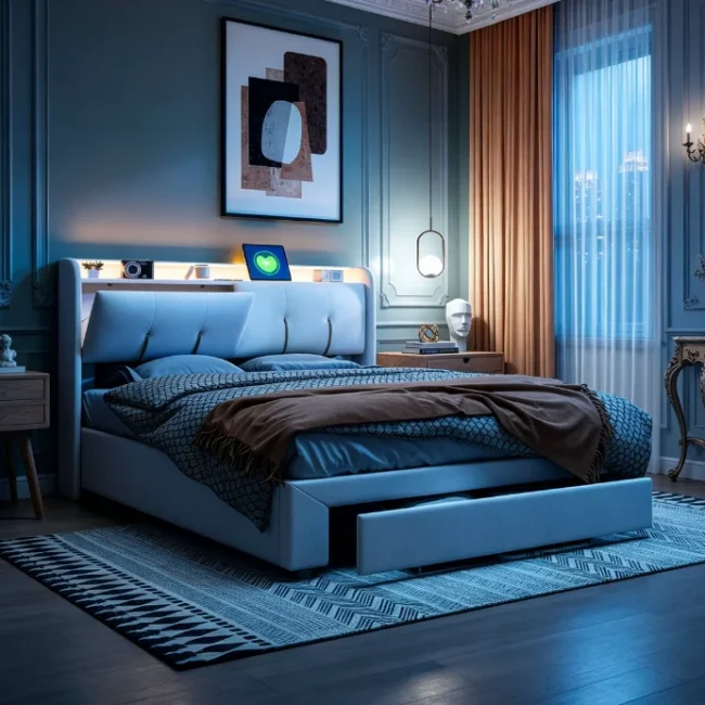 StayPlay Runaway Tweepersoonsbed 140/160x200cm met LED-verlichting, USB-oplaadpoort en opbergruimte