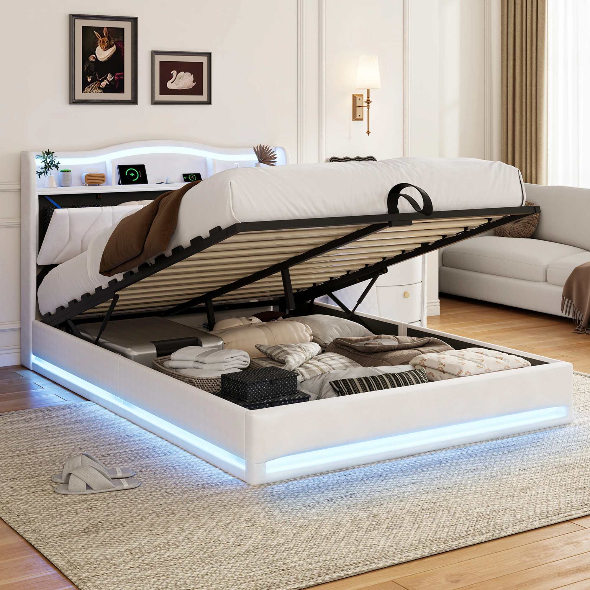 StayPlay Runaway Tweepersoonsbed 140/160x200cm – Fluweel Beige met hydraulisch opbergsysteem, opbergruimte en lattenbodem