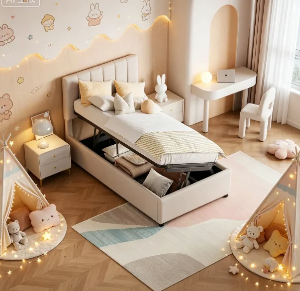 StayPlay Runaway Kinderbed 90x200cm – Linnen met hydraulisch opbergsysteem en opbergruimte