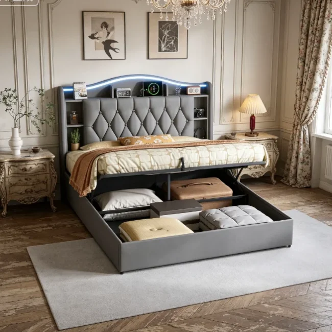 StayPlay Runaway Bedframe 160x200cm – Fluweel Grijs met hydraulisch opbergsysteem en opbergruimte