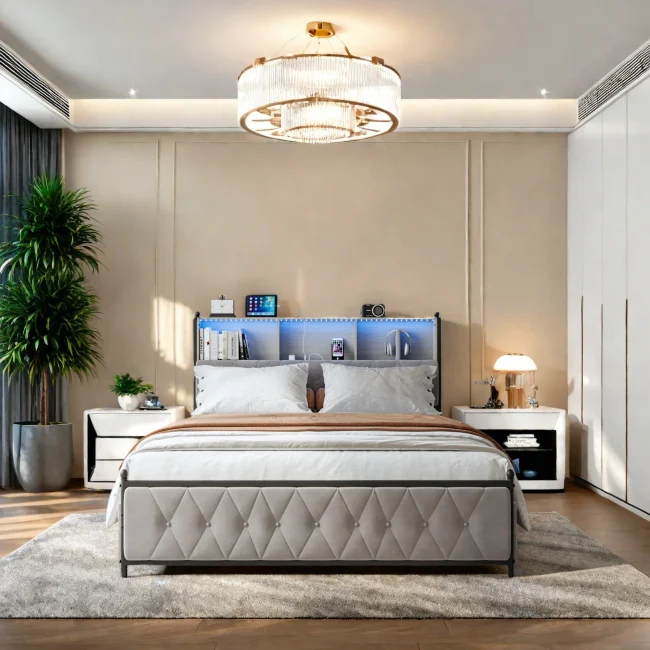 StayPlay Runaway Tweepersoonsbed – Fluweel met LED-verlichting, USB-oplaadpoort en opbergruimte