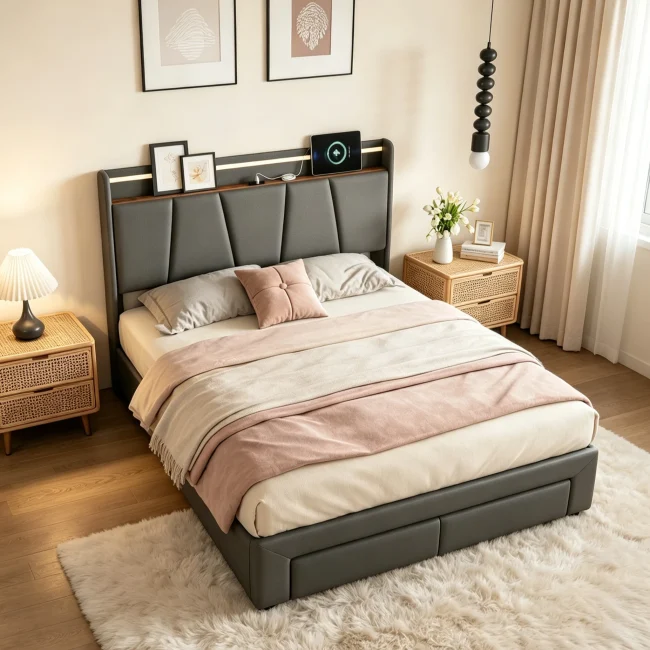 StayPlay Runaway Tweepersoonsbed 140/160x200cm – Donkergrijs met LED-verlichting, USB-oplaadpoort en hydraulisch opbergsysteem