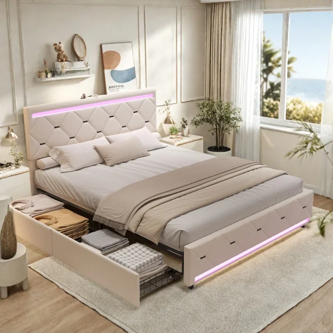 StayPlay Runaway Tweepersoonsbed – Fluweel Gebroken wit met LED-verlichting, USB-oplaadpoort en opbergruimte