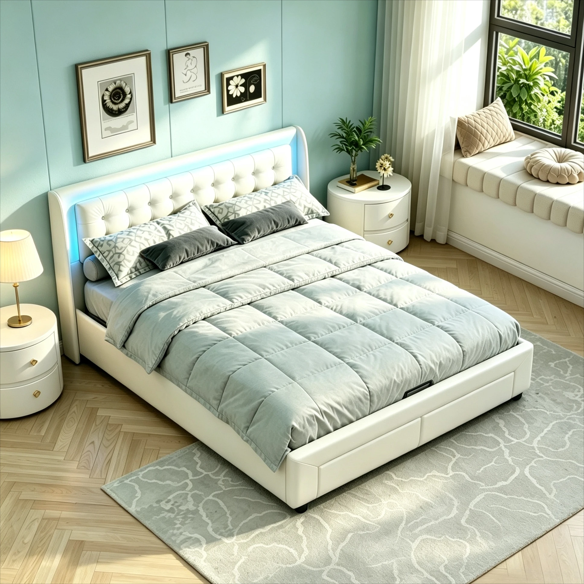 StayPlay Runaway Tweepersoonsbed 160/180x200cm – Fluweel Beige met LED-verlichting, hydraulisch opbergsysteem en opbergruimte