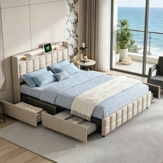 StayPlay Runaway Tweepersoonsbed 160/180x200cm – Beige met LED-verlichting, USB-oplaadpoort en opbergruimte, laden