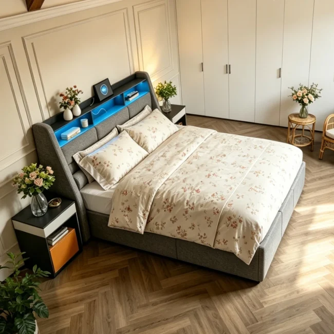 StayPlay Runaway Tweepersoonsbed 140/160x200cm met LED-verlichting, hydraulisch opbergsysteem en opbergruimte