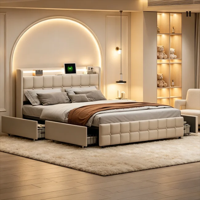 StayPlay Runaway Tweepersoonsbed 160/180x200cm – Beige met LED-verlichting, USB-oplaadpoort en opbergruimte, ladebed