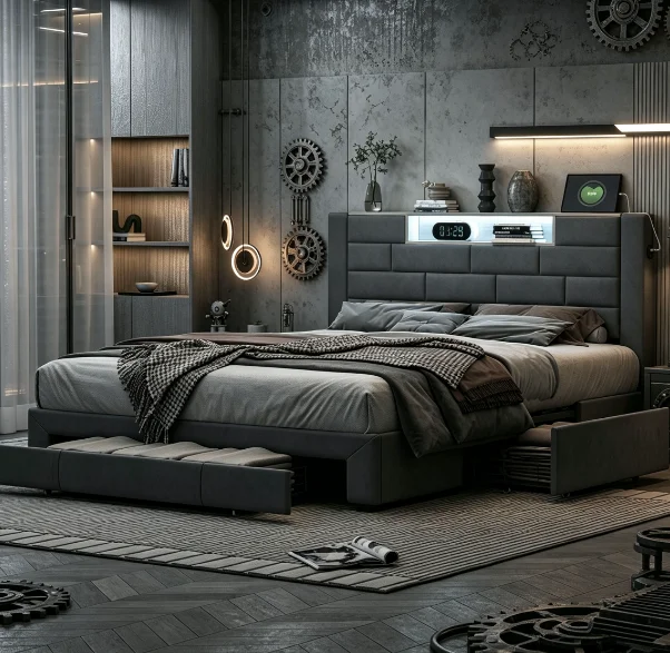 StayPlay Runaway Tweepersoonsbed – Fluweel Grijs met opbergruimte
