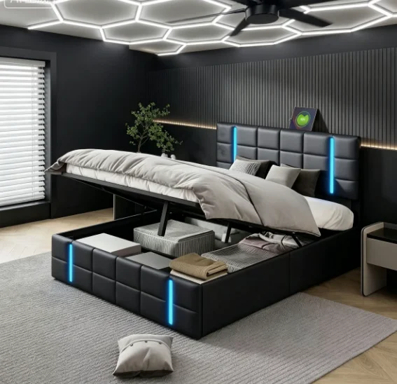 StayPlay Runaway Tweepersoonsbed 160x200cm – PU-leer met USB-oplaadpoort, hydraulisch opbergsysteem en opbergruimte