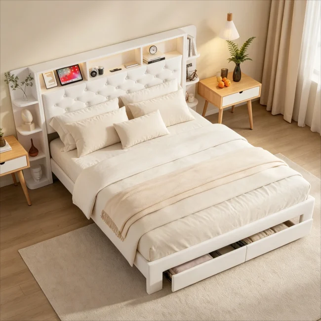 StayPlay Runaway Tweepersoonsbed 140/160x200cm – Wit met LED-verlichting, USB-oplaadpoort en opbergruimte