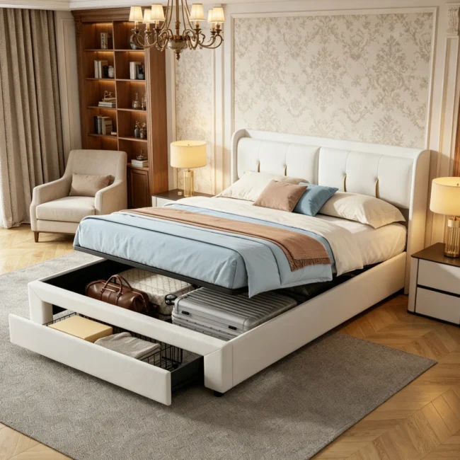StayPlay Runaway Tweepersoonsbed 140/160x200cm – Beige met LED-verlichting, USB-oplaadpoort en hydraulisch opbergsysteem, opbergbed, usb-aansluiting laden